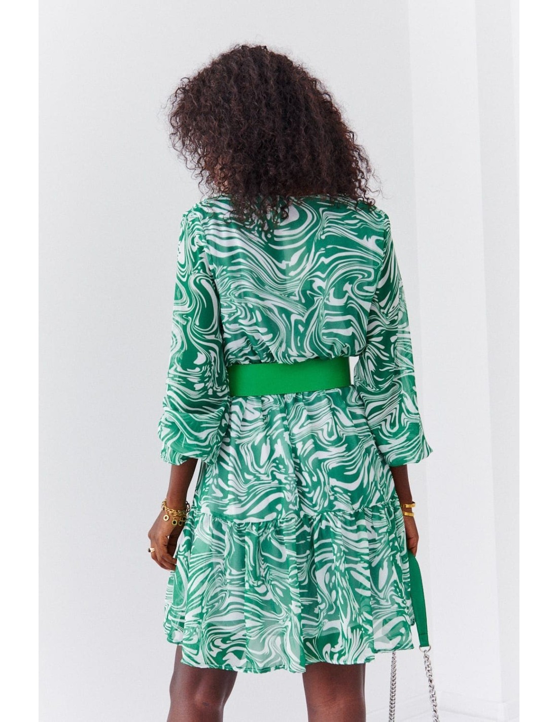 Chiffon dress with a wide belt, green FG636 - Online store - Boutique